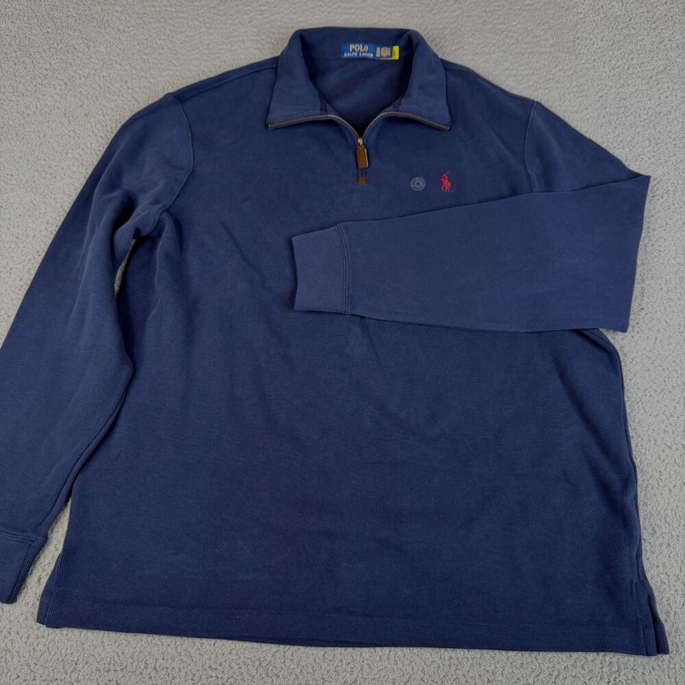 POLO RALPH LAUREN Sweater Mens XL Blue Knit 1/4 Zip Cotton Sweatshirt Red Pony